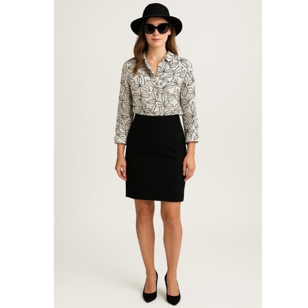 Cynthia Rowley White Black Linen Button Roll Tab Sleeve Blouse Casual Office M